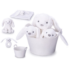Dárková sada - Zajíček  plyšový  Bunny  20cm  sedící s chrastítkem 13cm a usínáčkem v košíku 0m+v sáčku  bílý
