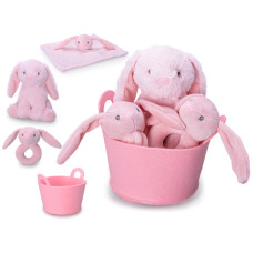 Dárková sada - Zajíček  plyšový  Bunny  20cm  sedící s chrastítkem 13cm a usínáčkem v košíku 0m+v sáčku  růžový