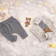 3 - dílný dětský  komplet - kabátek na patentky   + tepláky / baggy + body dlouhý rukáv kolekce medvídek 3D   MINI PAKEL šedá