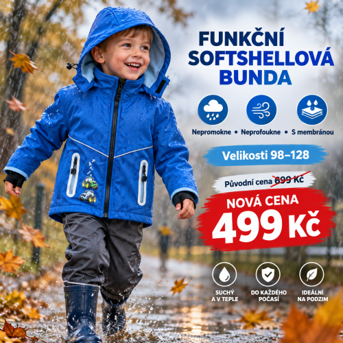Dětská funkční softshellová bunda s membránou a fleecovou podšívkou traktory - KUGO modrá Dětská funkční softshellová bunda s membránou a fleecovou podšívkou traktory - KUGO modrá