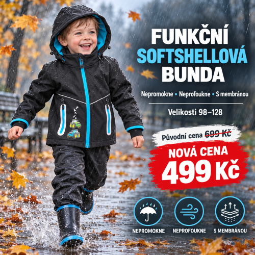 Dětská funkční softshellová bunda s membránou a fleecovou podšívkou traktory - KUGO černá Dětská funkční softshellová bunda s membránou a fleecovou podšívkou traktory - KUGO černá