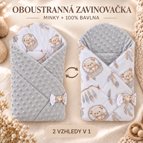 Duet Baby oboustranná zavinovačka minky / bavlna šedá minky kolekce medvídci Duet Baby oboustranná zavinovačka minky / bavlna šedá minky kolekce medvídci