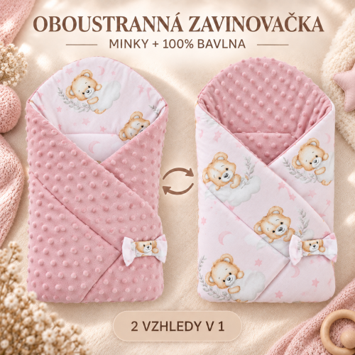 Duet Baby oboustranná zavinovačka minky / bavlna růžová minky kolekce medvídci Duet Baby oboustranná zavinovačka minky / bavlna růžová minky kolekce medvídci