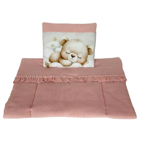 Mušelínový set do kočárku, koše nebo kolébky s polštářkem Medvídek 75 × 100 cm starorůžová