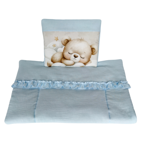Mušelínový set do kočárku, koše nebo kolébky s polštářkem Medvídek 75 × 100 cm modrá