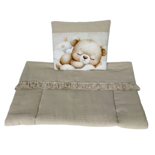 Mušelínový set do kočárku, koše nebo kolébky s polštářkem Medvídek 75 × 100 cm kapučíno Mušelínový set do kočárku, koše nebo kolébky s polštářkem Medvídek 75 × 100 cm kapučíno
