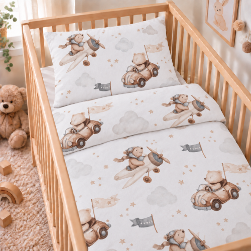 2 -dílná bavlněná souprava - povlečení do postýlky 120x 90 cm DuetBaby medvídci v letadla do béžovo/modra na bílé 2 -dílná bavlněná souprava - povlečení do postýlky 120x 90 cm DuetBaby medvídci v letadla do béžovo/modra na bílé