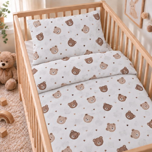 2 -dílná bavlněná souprava - povlečení do postýlky 120x 90 cm DuetBaby hlavy medvídků na bílé 2 -dílná bavlněná souprava - povlečení do postýlky 120x 90 cm DuetBaby hlavy medvídků na bílé