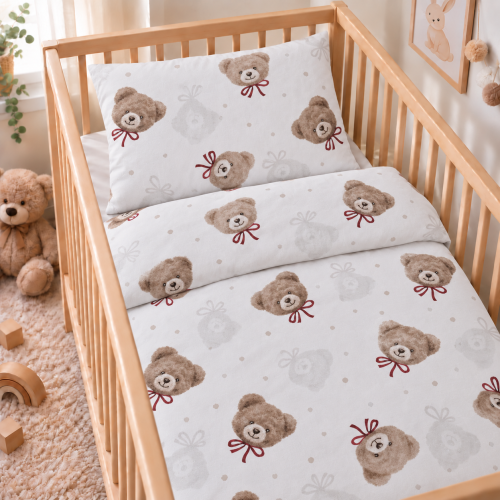 2 -dílná bavlněná souprava - povlečení do postýlky 120x 90 cm DuetBaby hlavy medvídků s mašličkou na bílé 2 -dílná bavlněná souprava - povlečení do postýlky 120x 90 cm DuetBaby hlavy medvídků s mašličkou na bílé