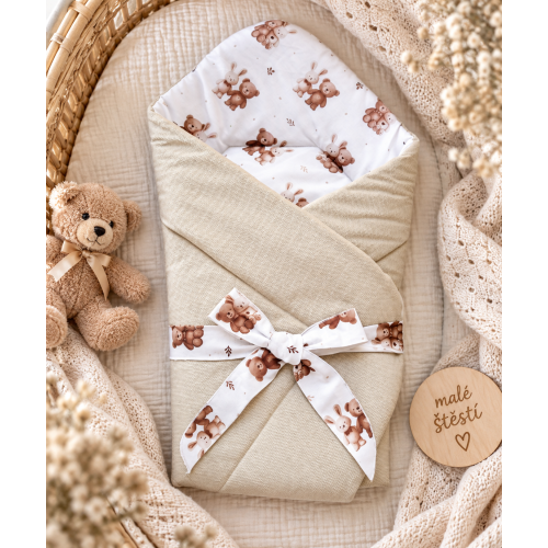Luxusní zavinovačka Velvet s vázací mašlí béžová + medvídci se zajíčky Luxusní zavinovačka Velvet s vázací mašlí béžová + medvídci se zajíčky