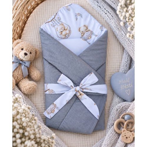 Luxusní zavinovačka Velvet s vázací mašlí šedá + medvídek v létacím koši Luxusní zavinovačka Velvet s vázací mašlí šedá + medvídek v létacím koši