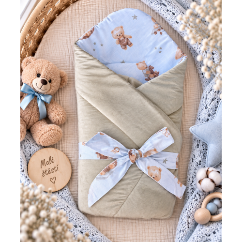 Luxusní zavinovačka Velvet s vázací mašlí béžová + medvídci Luxusní zavinovačka Velvet s vázací mašlí béžová + medvídci