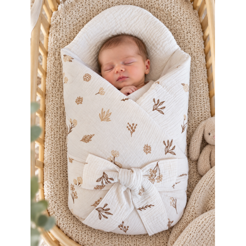 Mušelínová zavinovačka pro miminko se stuhou 80x75 cm DUETBABY větvičky do hněda Mušelínová zavinovačka pro miminko se stuhou 80x75 cm DUETBABY větvičky do hněda