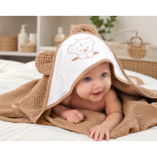 Luxusní vaflová osuška s kapucí a oušky Babymam 80 × 80 cm Cappuccino  / bílá