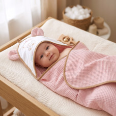 Luxusní vaflová osuška s kapucí a oušky Babymam 80 × 80 cm Starorůžová  / bílá