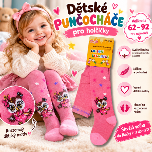 Kojenecké a dětské bavlněné punčocháče KUGO Sovička růžové Kojenecké a dětské bavlněné punčocháče KUGO Sovička růžové