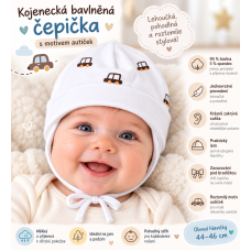 Kojenecká bavlněná čepička s autíčky – jednovrstvá, s lemem a zavazováním  OK A.cap smetanově bílá