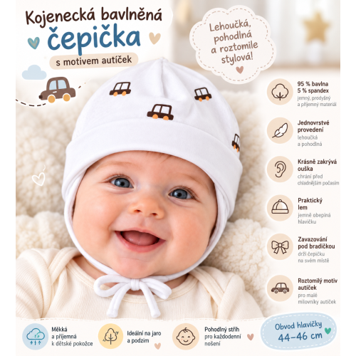 Kojenecká bavlněná čepička s autíčky – jednovrstvá, s lemem a zavazováním OK A.cap smetanově bílá Kojenecká bavlněná čepička s autíčky – jednovrstvá, s lemem a zavazováním OK A.cap smetanově bílá