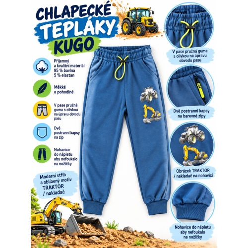 Chlapecké bavlněné tepláky KUGO – traktor a bagr Kugo - modré Chlapecké bavlněné tepláky KUGO – traktor a bagr Kugo - modré