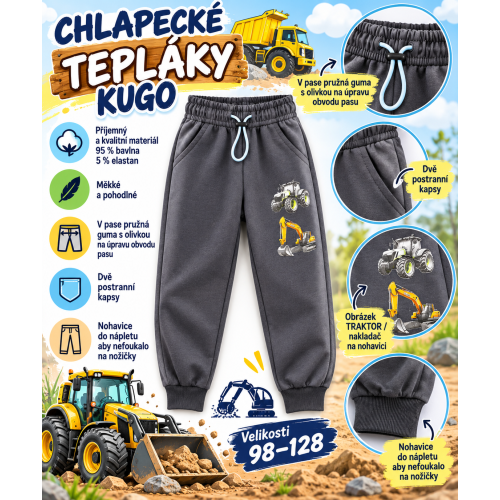 Chlapecké bavlněné tepláky KUGO – traktor a bagr Kugo - tm.šedé Chlapecké bavlněné tepláky KUGO – traktor a bagr Kugo - tm.šedé