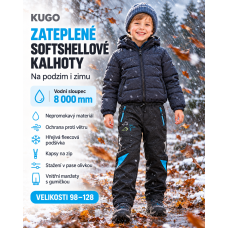 Outdoroové  funkční zateplené softshellové  kalhoty VODNÍ SLOUPEC 8 000 mm   KUGO černé / dinosauři