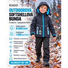 Dětská  outdoorová zateplená softshellová ( funkční ) bunda  VODNÍ SLOUPEC 8 000 mm   Traktory   KUGO černo/tyrkysová