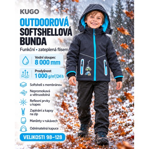 Dětská outdoorová zateplená softshellová ( funkční ) bunda VODNÍ SLOUPEC 8 000 mm Traktory KUGO černo/tyrkysová Dětská outdoorová zateplená softshellová ( funkční ) bunda VODNÍ SLOUPEC 8 000 mm Traktory KUGO černo/tyrkysová