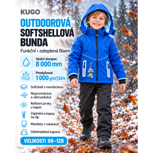 Dětská outdoorová zateplená softshellová ( funkční ) bunda VODNÍ SLOUPEC 8 000 mm Traktory KUGO modrá Dětská outdoorová zateplená softshellová ( funkční ) bunda VODNÍ SLOUPEC 8 000 mm Traktory KUGO modrá