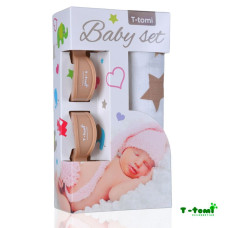 Baby set - bambusová osuška béžové hvězdičky + kočárkový kolíček béžový T-tomi
