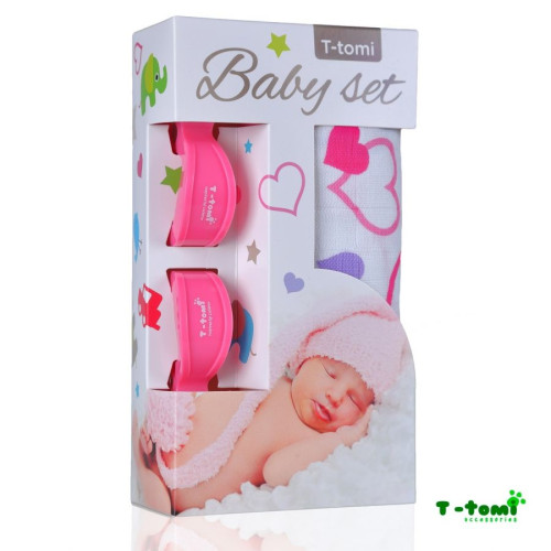 Baby set - bambusová osuška srdíčka+ kočárkový kolíček růžový T-tomi Baby set - bambusová osuška srdíčka+ kočárkový kolíček růžový T-tomi