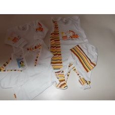 4-dílná soupravička do porodnice s obrázkemžirafky a zajíčka +proužkovaná vsadka  kód 1042 AUTEX BABY bílá + žlutooranž. pruh