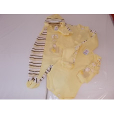 4-dílná soupravička do porodnice s obrázkem hrošíka +proužkovaná vsadka  kód 1042 AUTEX BABY žlutá + medvídek 