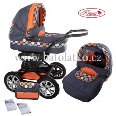 Kombinovaný kočárek KRASNAL POLARIS  velká ložná plocha korbičky kočárku   č. K 7 šedá + oranžový puntík