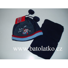 dětská vlněná čepice + šála výšivka psa tenisty ECHT FASHION tm. modrá + šedá