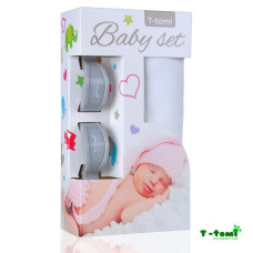 Baby set - bambusová osuška bílá + kočárkový kolíček šedýT-tomi