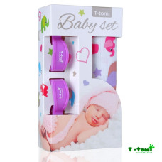 Baby set - bambusová osuška růžoví sloni + kočárkový kolíček fialový T-tomi